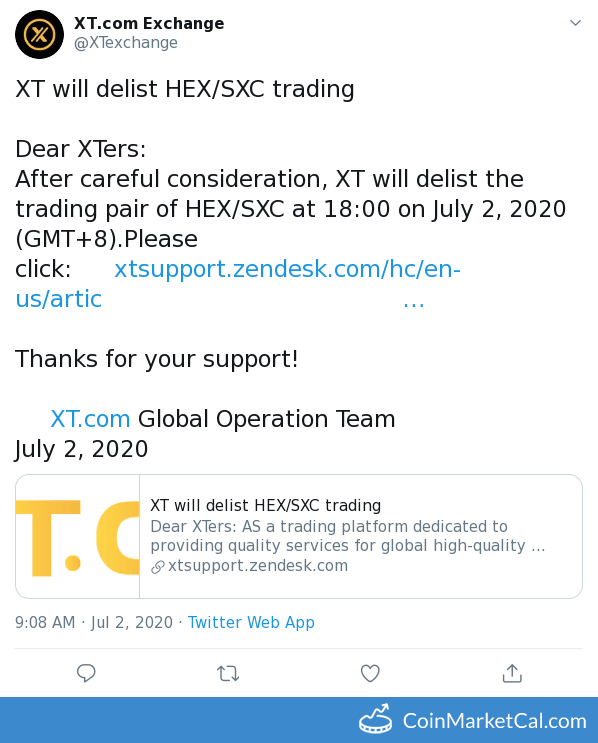 XT HEX/SXC Delisting image