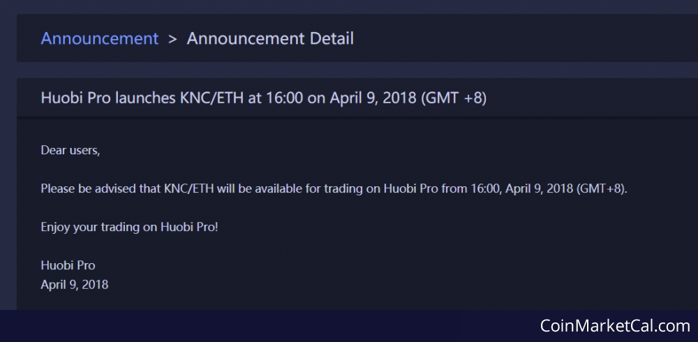 Huobi Launches KNC/ETH image